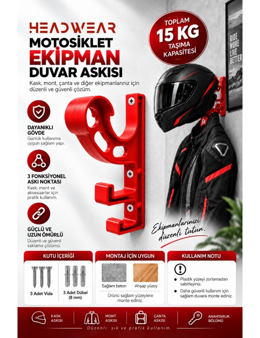 Mavi Motosiklet Ekipman Duvar Askısı 3 Kancalı