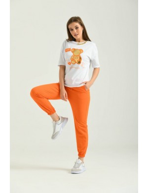 Turuncu Teddy Bear Yaldız Baskılı Tişört  Kadın Jogger Eşofman Takımı Spor jogger
