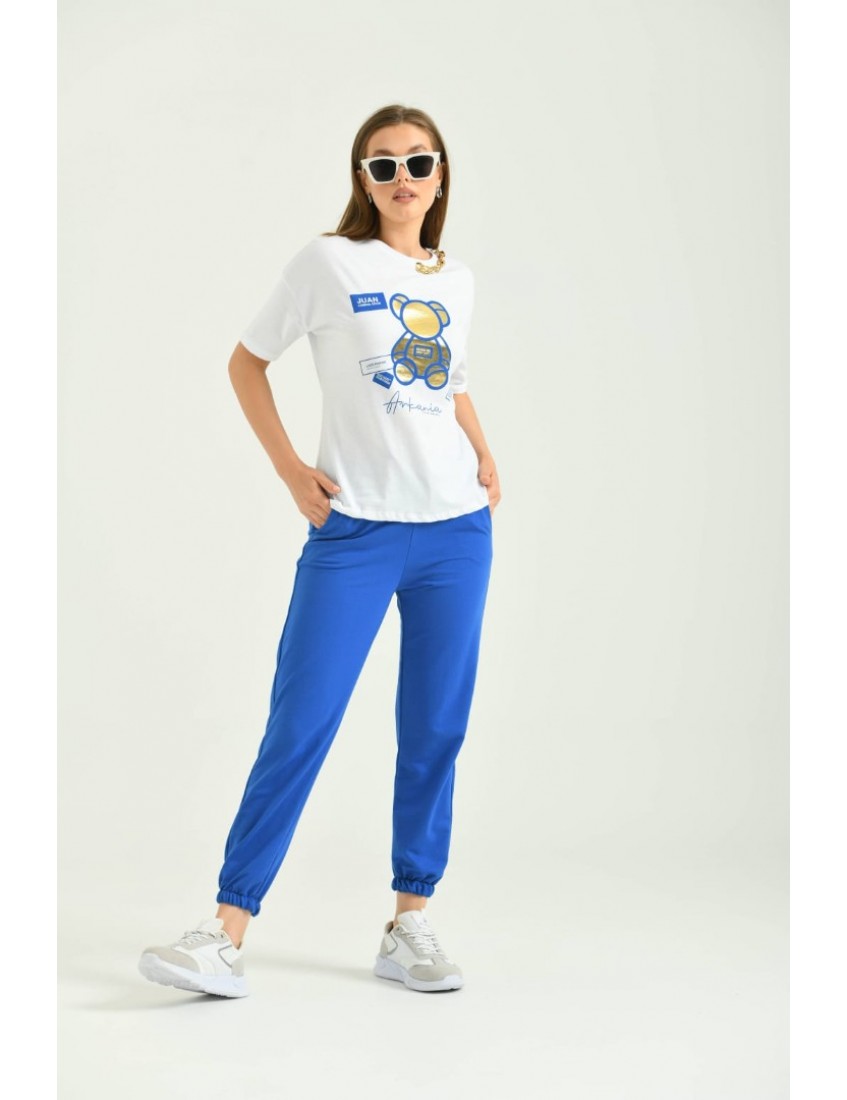 Mavi Teddy Bear Yaldız Baskılı Tişört  Kadın Jogger Eşofman Takımı Spor jogger