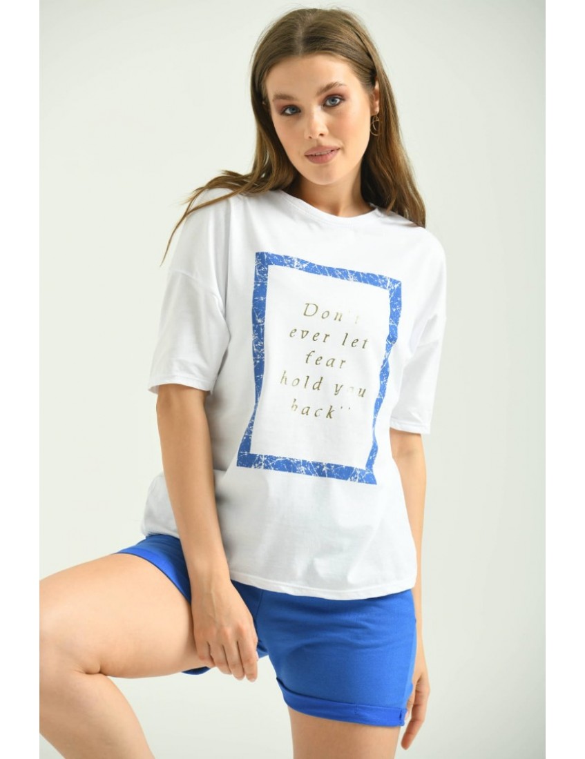 Don't Ever Let Fear Yaldız BAskılı Mavi Kadın Şort Tişört Takım
