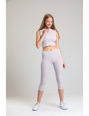 Açık Lila Yüksek Bel Fitilli  Spor Tayt Büstiyer ve Tayt Takımı