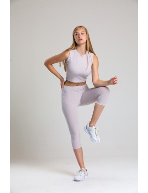 Açık Lila Yüksek Bel Fitilli  Spor Tayt Büstiyer ve Tayt Takımı