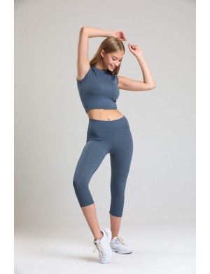 Füme Yüksek Bel Fitilli  Spor Tayt Büstiyer ve Tayt Takımı