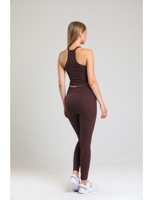 Kahverengi Yüksek Bel Spor  Fitilli Tayt  Büstiyer ve Tayt Takımı Boyun Sırt Detaylı