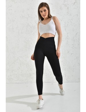 Çapraz Kemer Siyah Tayt Toparlayıcı  Yüksek Bel Fitilli 