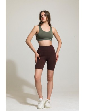 Kahverengi Yüksek Bel Toparlayıcı Sort Fitilli Tayt Spor Tayt