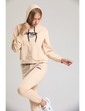Bej Nasa Baskılı Kapşonlu Kadın Eşofman Takımı Spor Eşofman Takım