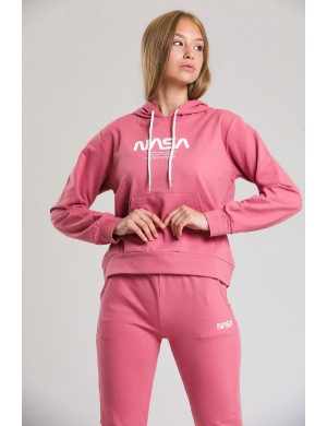 Pembe Nasa Baskılı Kapşonlu Kadın Eşofman Takımı Spor Eşofman Takım
