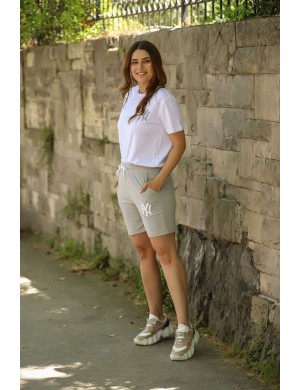 Kadın Şort  NY Nakış İşleme Kadın Şort Tişört Takım Gri