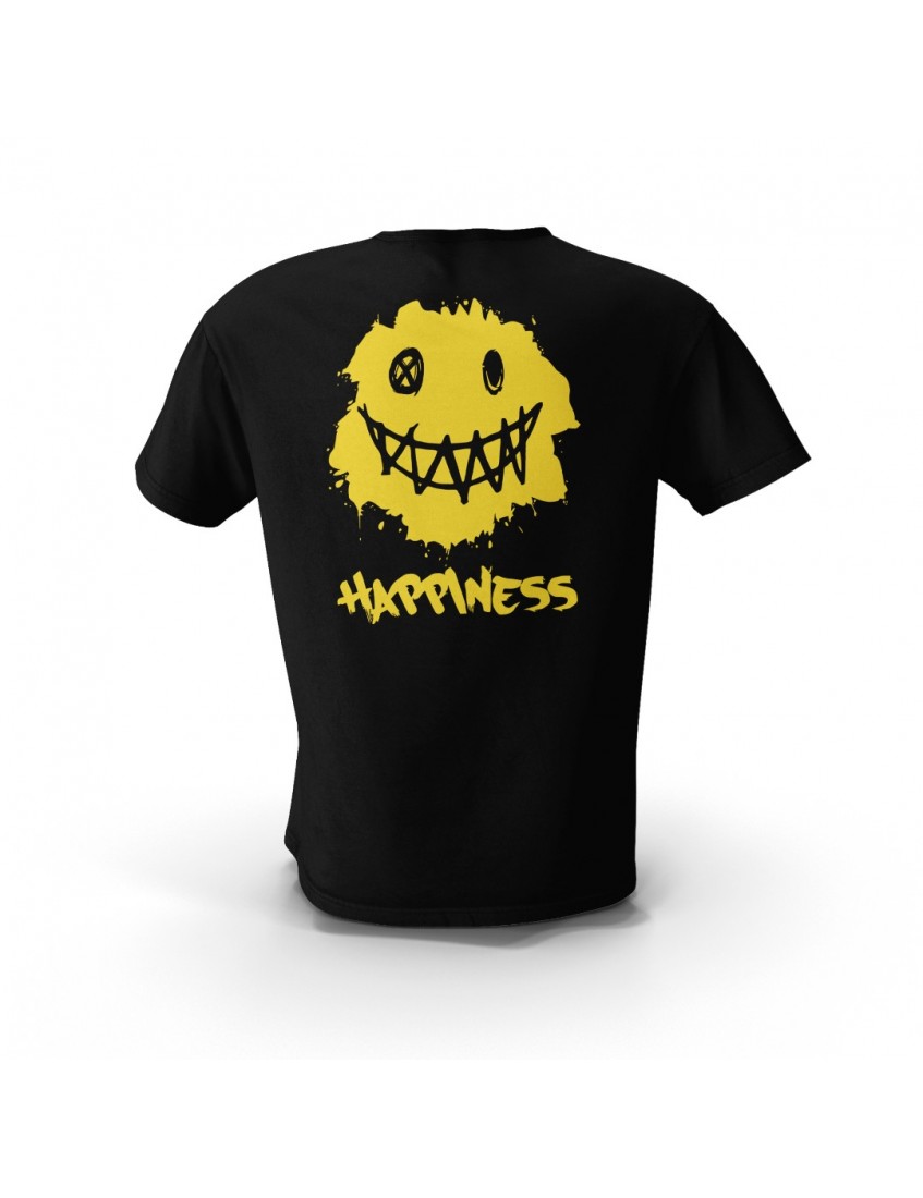 Siyah Happiness Ön ve Sırt Baskılı Unisex Pamuk Tişört