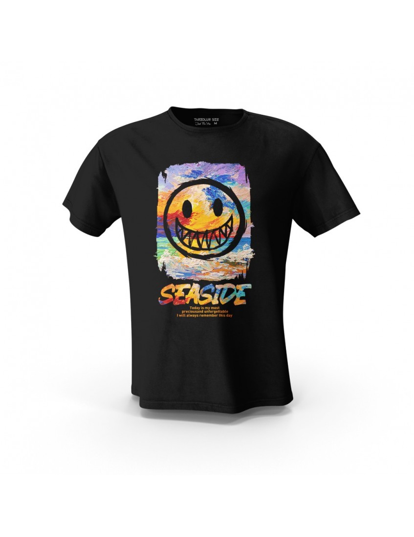Siyah SeaSide Emoji Baskılı Tasarım Unisex Pamuk Tişört