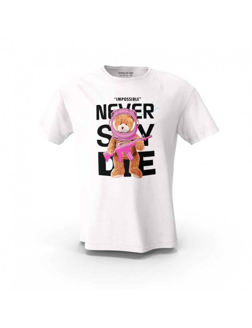 Beyaz Never Say Die Teddy Bear Baskılı Tasarım Unisex Pamuk Tişört
