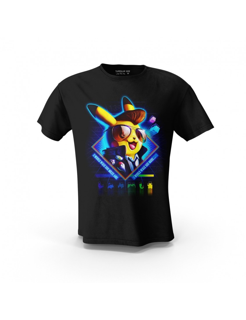 Siyah Cool Pikachu Baskılı Tasarım Unisex Pamuk Tişört