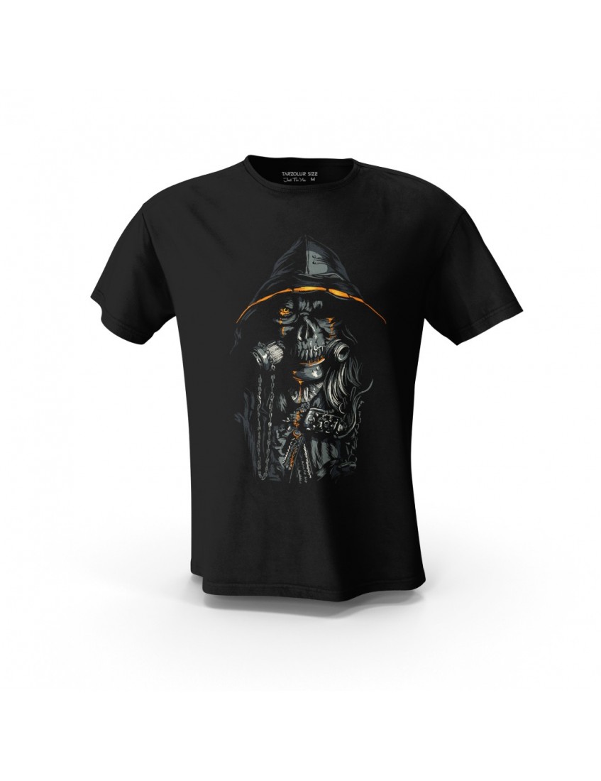Siyah Skull Kuru Kafa Gizemli Baskılı Tasarım Unisex Pamuk Tişört