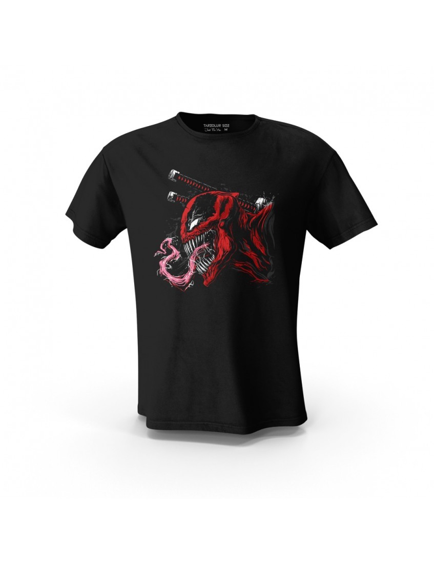Siyah Cool Venom Kırmızı Detay Baskılı Tasarım Unisex Pamuk Tişört