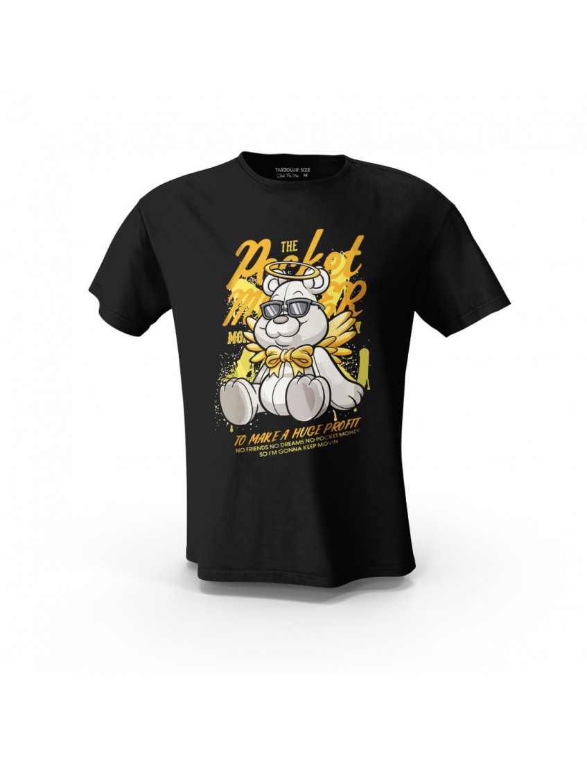 Siyah The Pucket Teddy Bear Baskılı Tasarım Unisex Pamuk Tişört