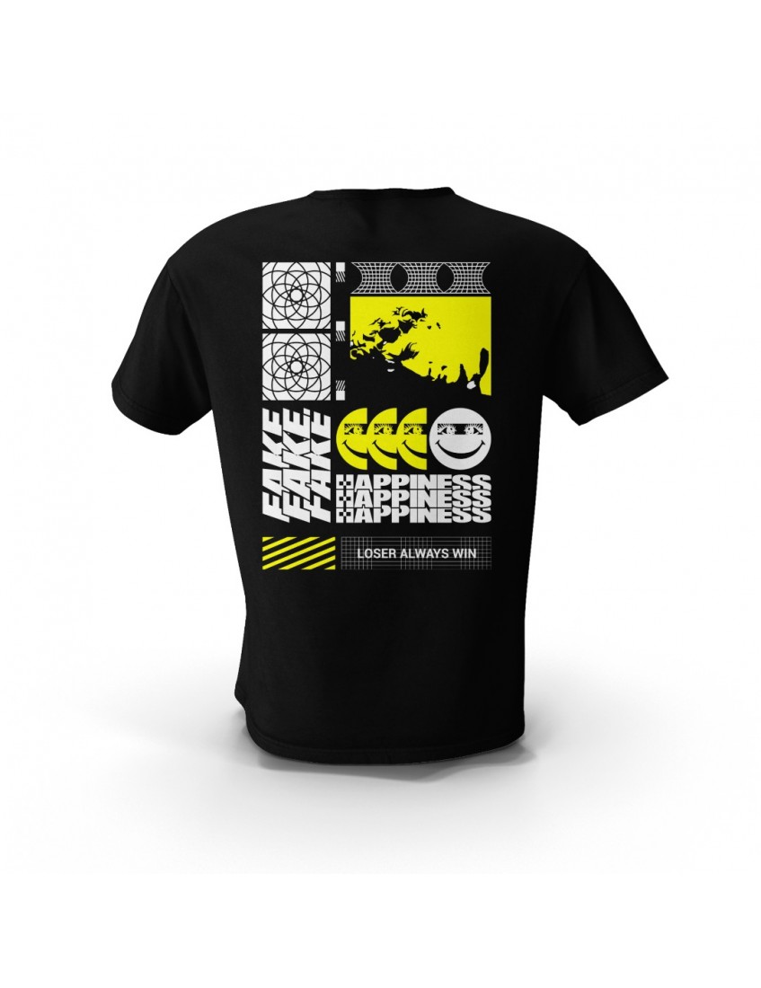 Siyah Fake Happiness X  Sırt Baskılı Tasarım Unisex Pamuk Tişört