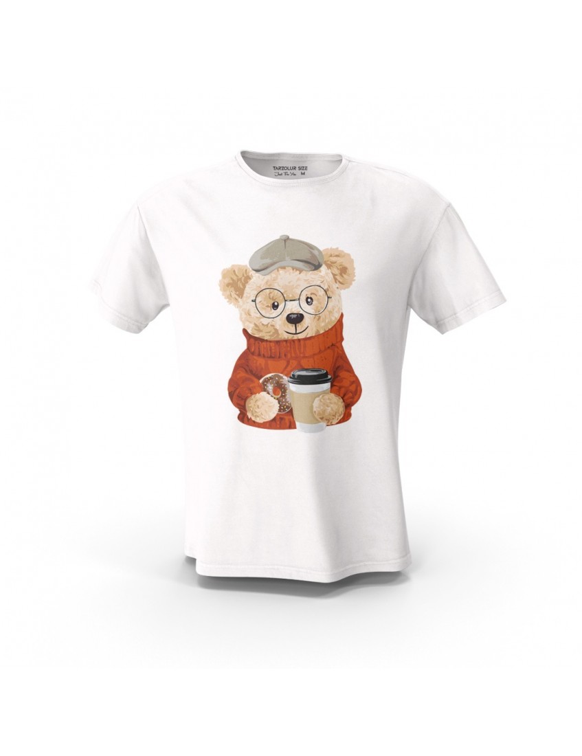 Beyaz Teddy Bear Kahve Donut Tasarım Baskılı  Unisex Pamuk Tişört
