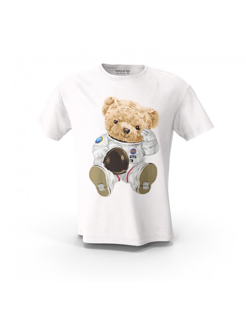 Beyaz Teddy Bear Astronot Tasarım Baskılı  Unisex Pamuk Tişört