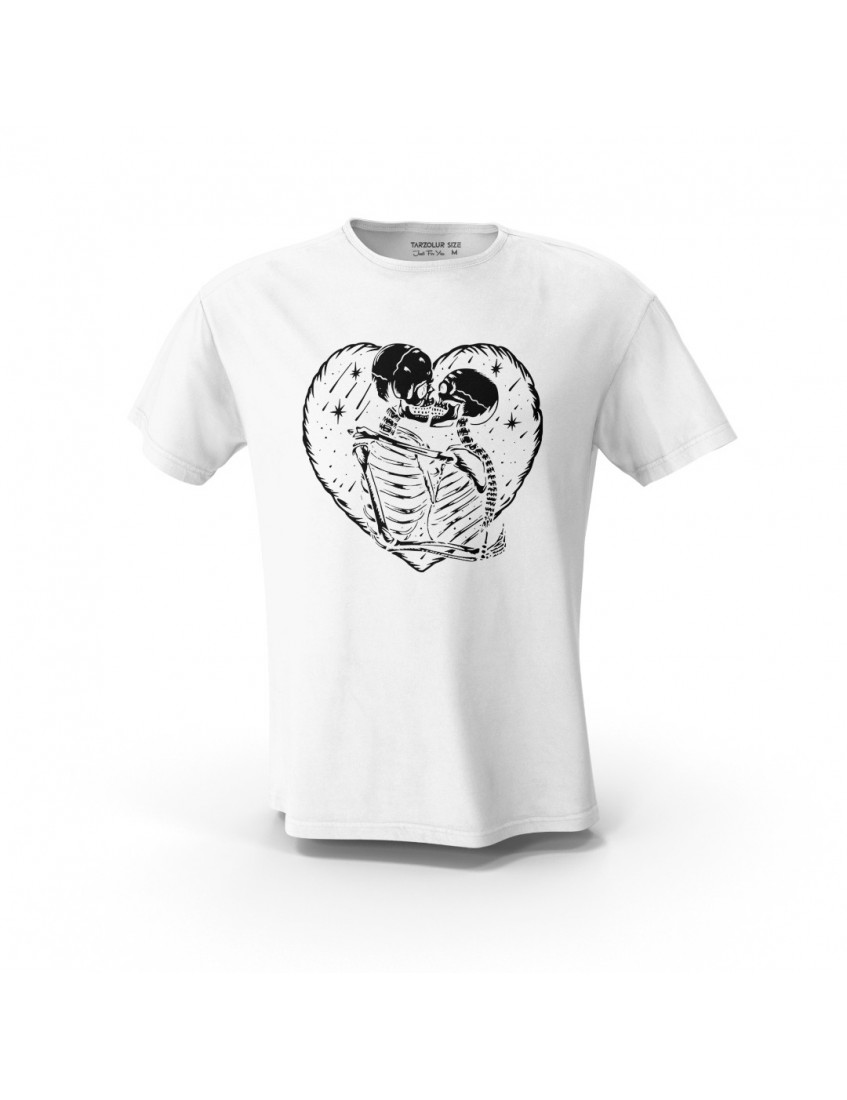 Beyaz Skull Love And Kiss Baskılı Tasarım Unisex Pamuk Tişört
