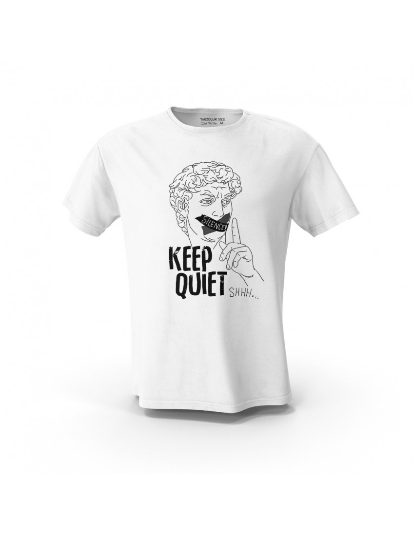 Beyaz Keep Ouiet Shh  Baskılı Tasarım Unisex Pamuk Tişört