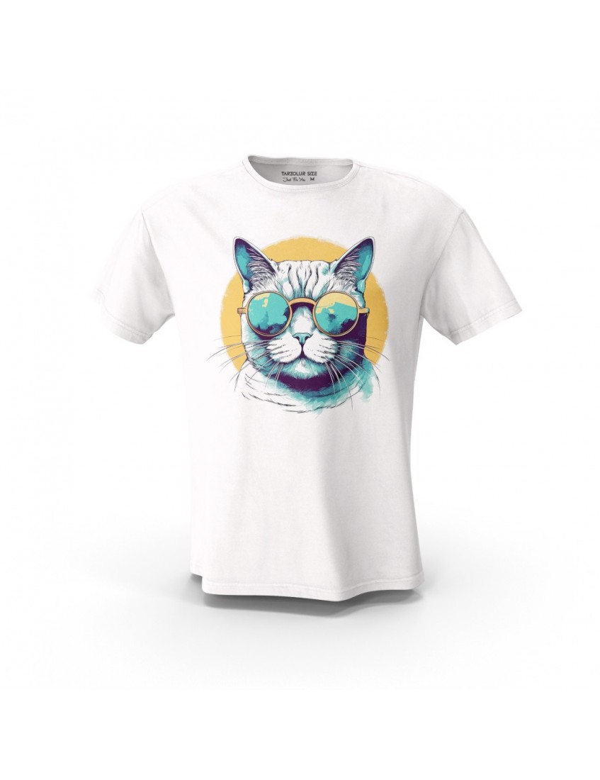 Beyaz Sevimli Kedi  Detay Tasarım Baskılı  Unisex Pamuk Tişört