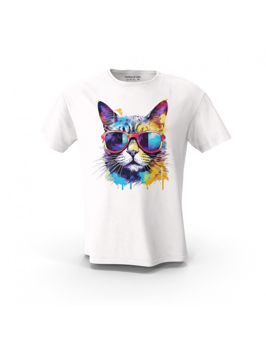 Beyaz Cool Kedi Sevgi Baskılı Tasarım Unisex Pamuk Tişört