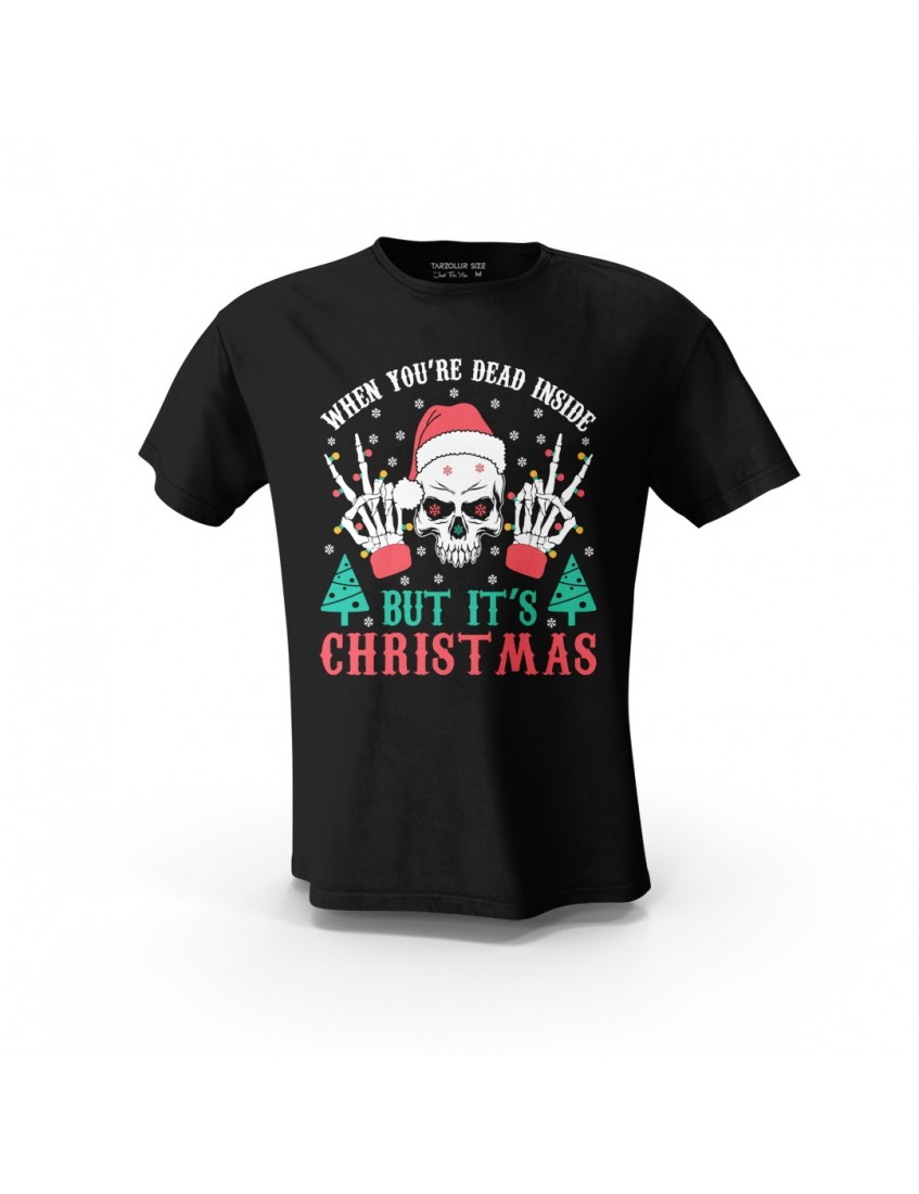 Siyah Skull Noel Merry Christmas Baskılı  Unisex Pamuk Tişört