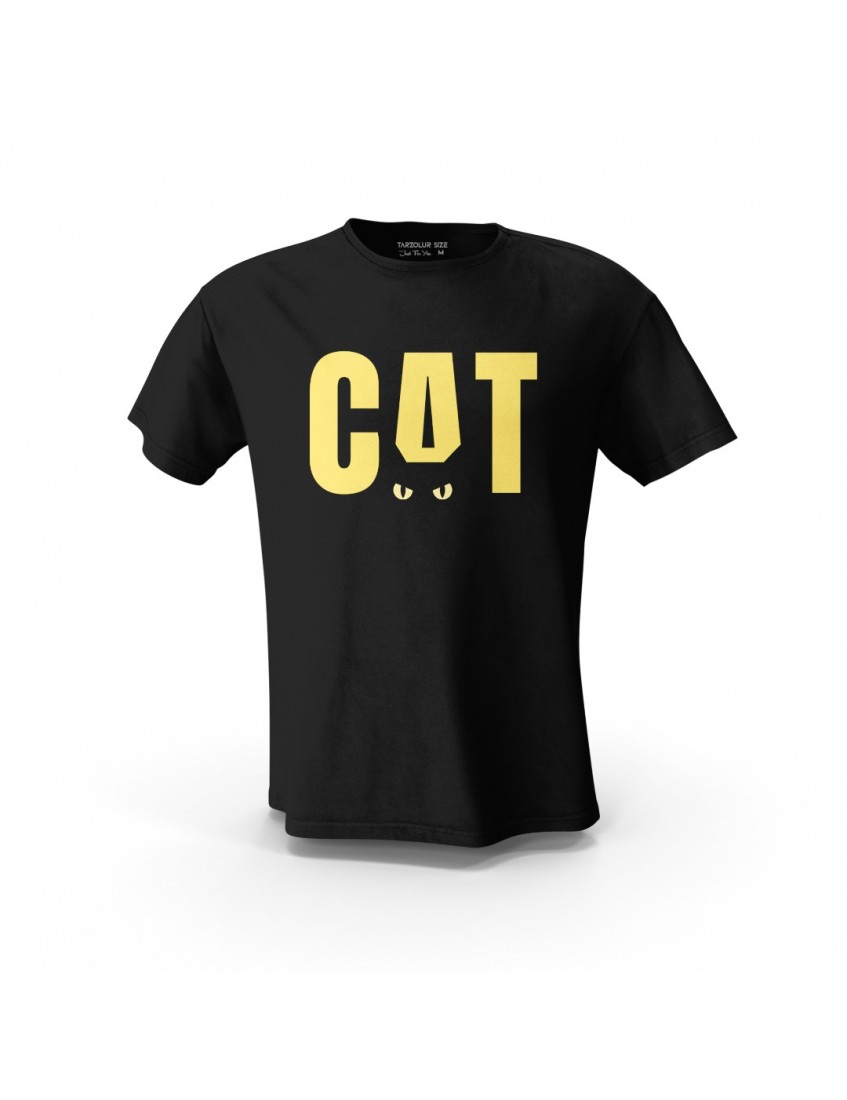 Siyah Cat Sarı  Baskılı Tasarım Unisex Pamuk Tişört