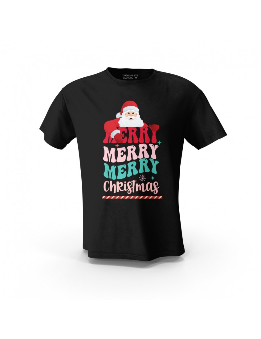 Siyah Noel Baba Merry Christmas Baskılı  Unisex Pamuk Tişört