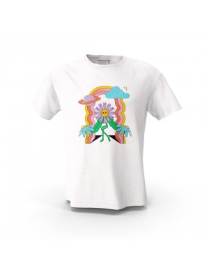 Beyaz  Renkli Papatya Tasarım Baskılı  Unisex Pamuk Tişört