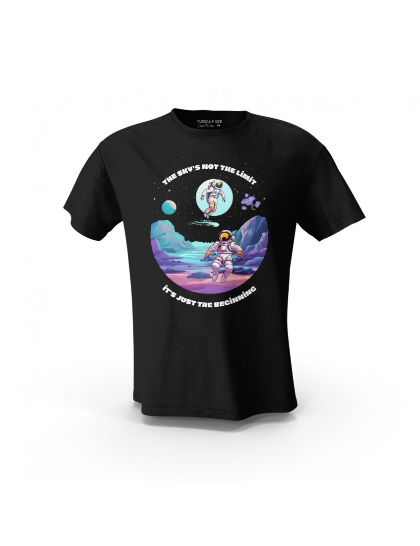 Siyah The Sky's  Not The Limit Astronot Detay Baskılı Tasarım Unisex Pamuk Tişört