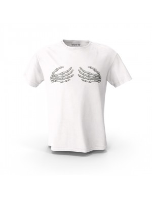 Beyaz Kuru Kafa El Tasarım Baskılı  Unisex Pamuk Tişört