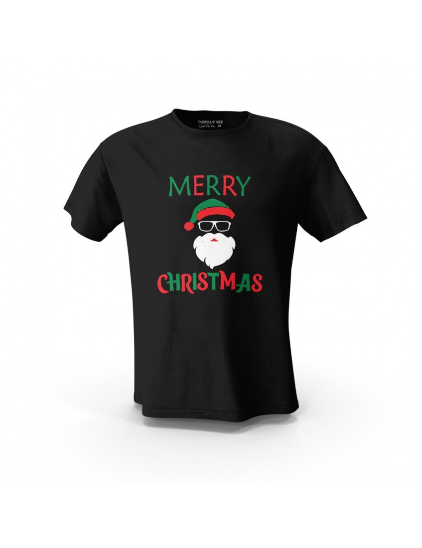 Siyah Merry Christmas Noel Baba  Unisex Pamuk Tişört