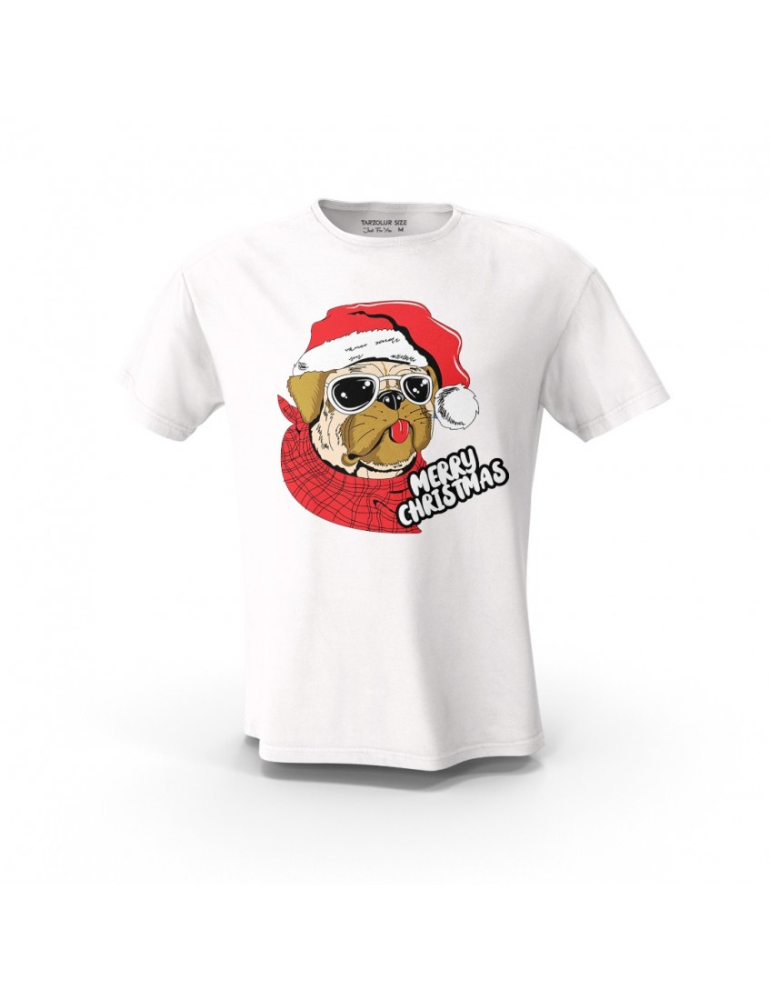 Beyaz Sevimli Köpek Noel Tasarım Baskılı  Unisex Pamuk Tişört