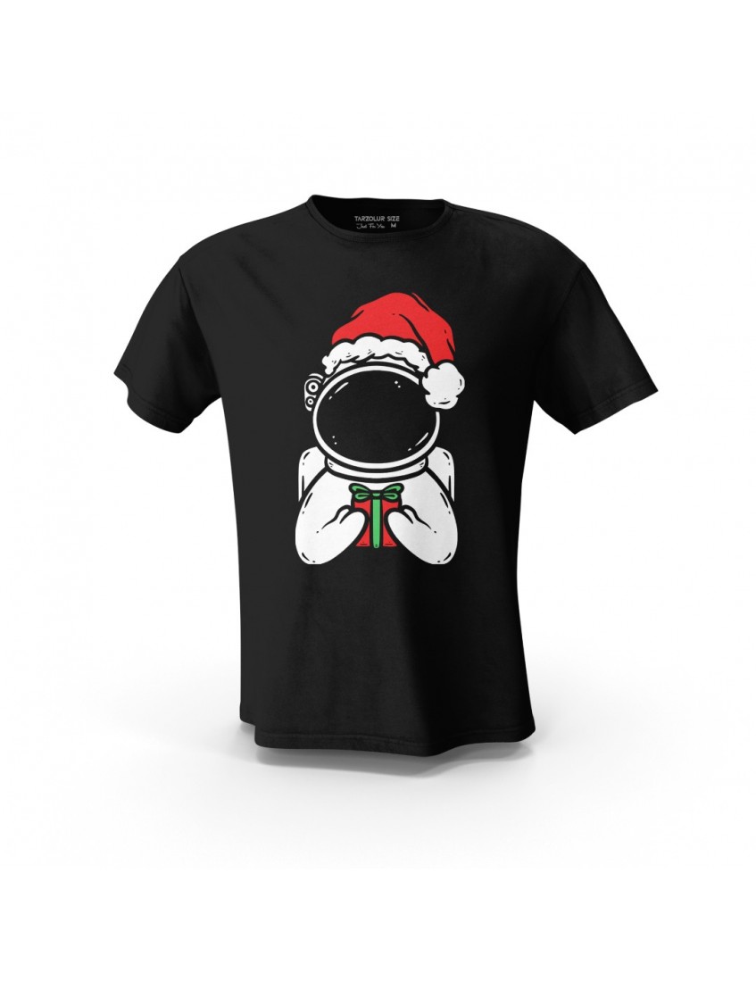 Siyah Space Noel Yeni Yıl Tasarım Baskılı  Unisex Pamuk Tişört