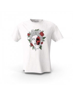  Beyaz  Kırmızı Gül Detay Heykel Tasarım Baskılı  Unisex Pamuk Tişört