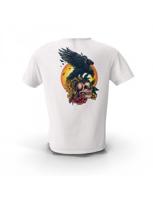  Beyaz Kızıl Skull Rose Sırt ve Gögüs Baskılı Tasarım Unisex Pamuk Tişört