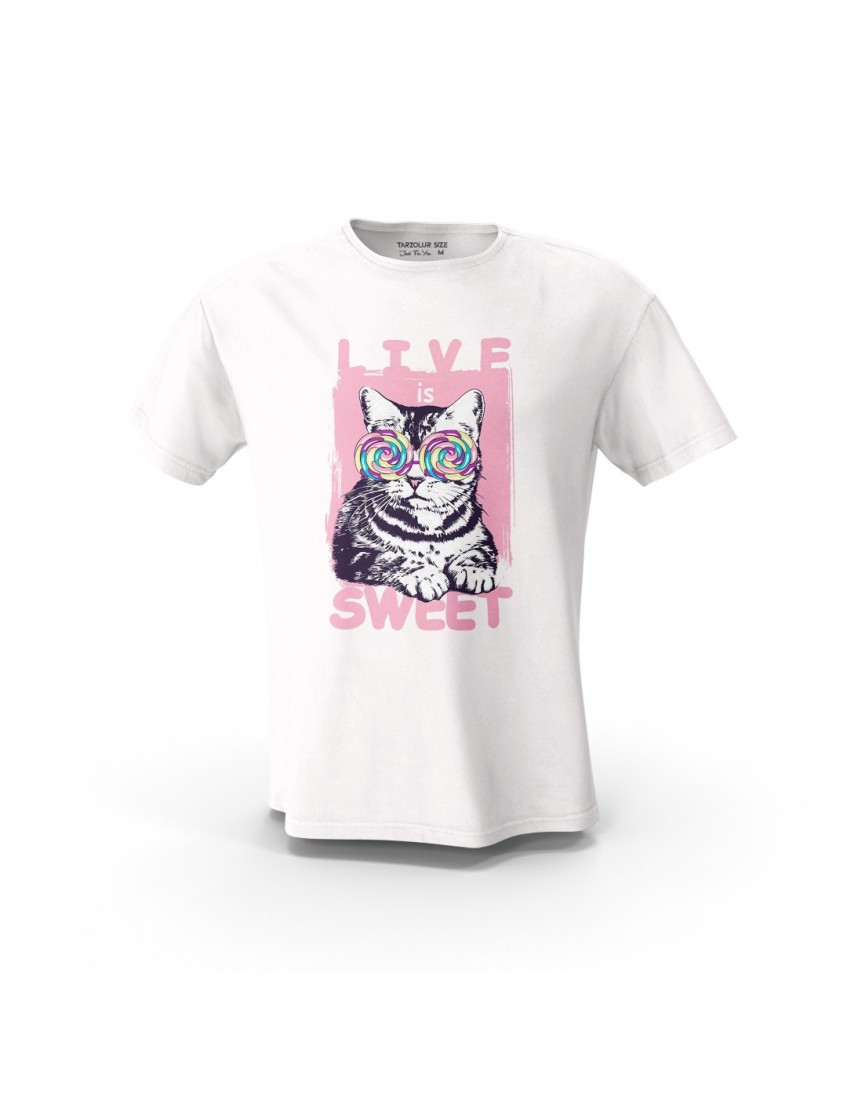 Beyaz Live İs Sweet Kedi Tasarım Baskılı  Unisex Pamuk Tişört