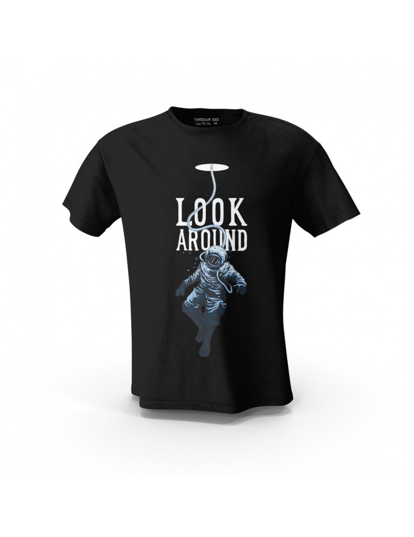 Siyah Look  Around Tasarım Baskılı Unisex Pamuk Tişört