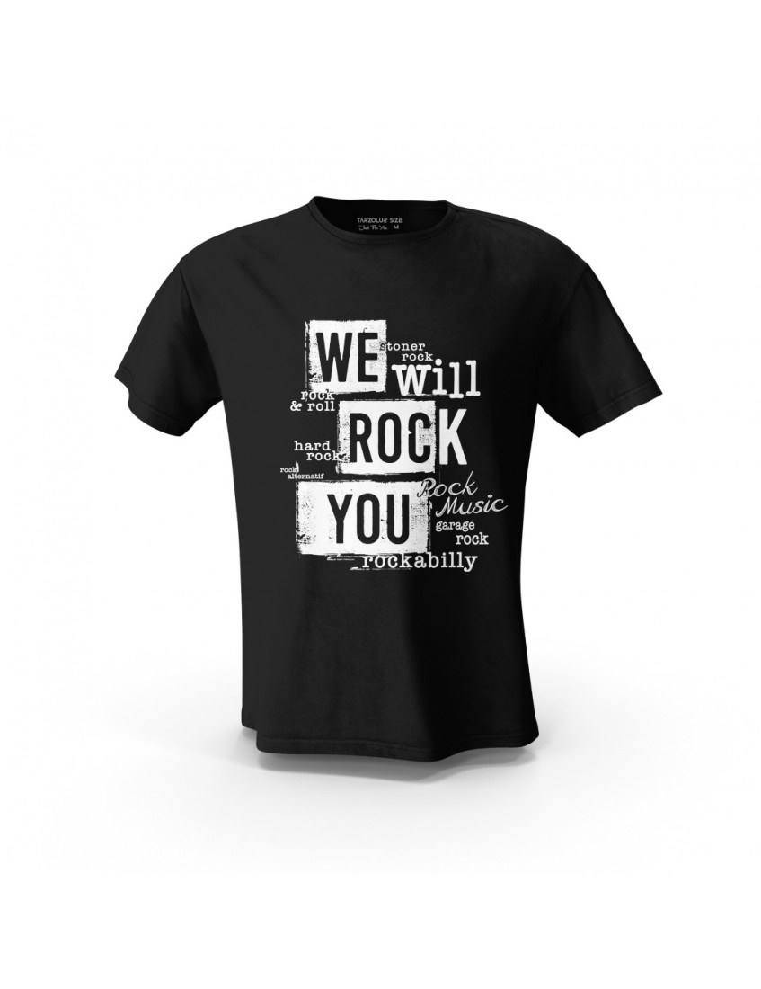 Siyah We Will Rock You Baskılı  Unisex Pamuk Tişört