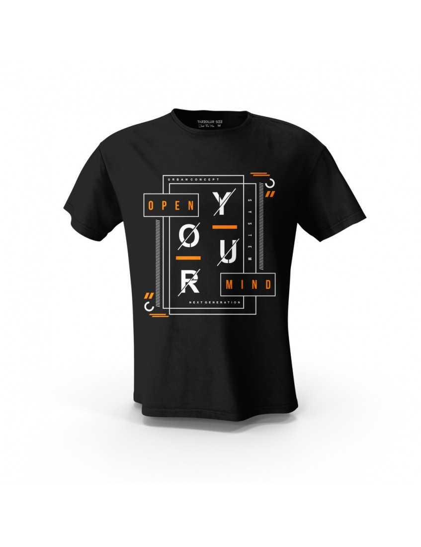 Siyah Open Your Mind Tasarım Unisex Pamuk Tişört