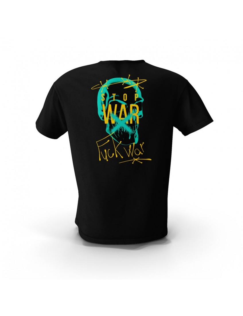 Siyah Stop War  F*ck War Sırt Baskılı Tasarım Unisex Pamuk Tişört