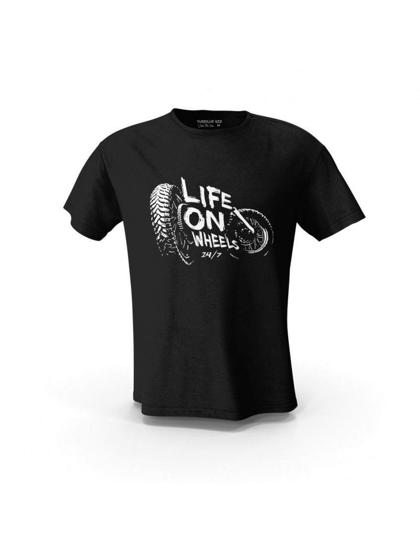 Siyah Life On Wheels Tasarım Baskılı Motosiklet Tişört Unisex Pamuk Tişört