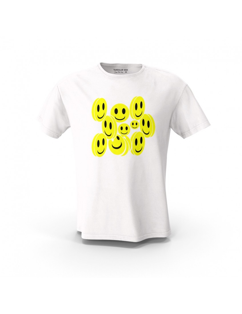 Beyaz Sarı Emoji Gülen Yüz Tasarım Baskılı Unisex Pamuk Tişört