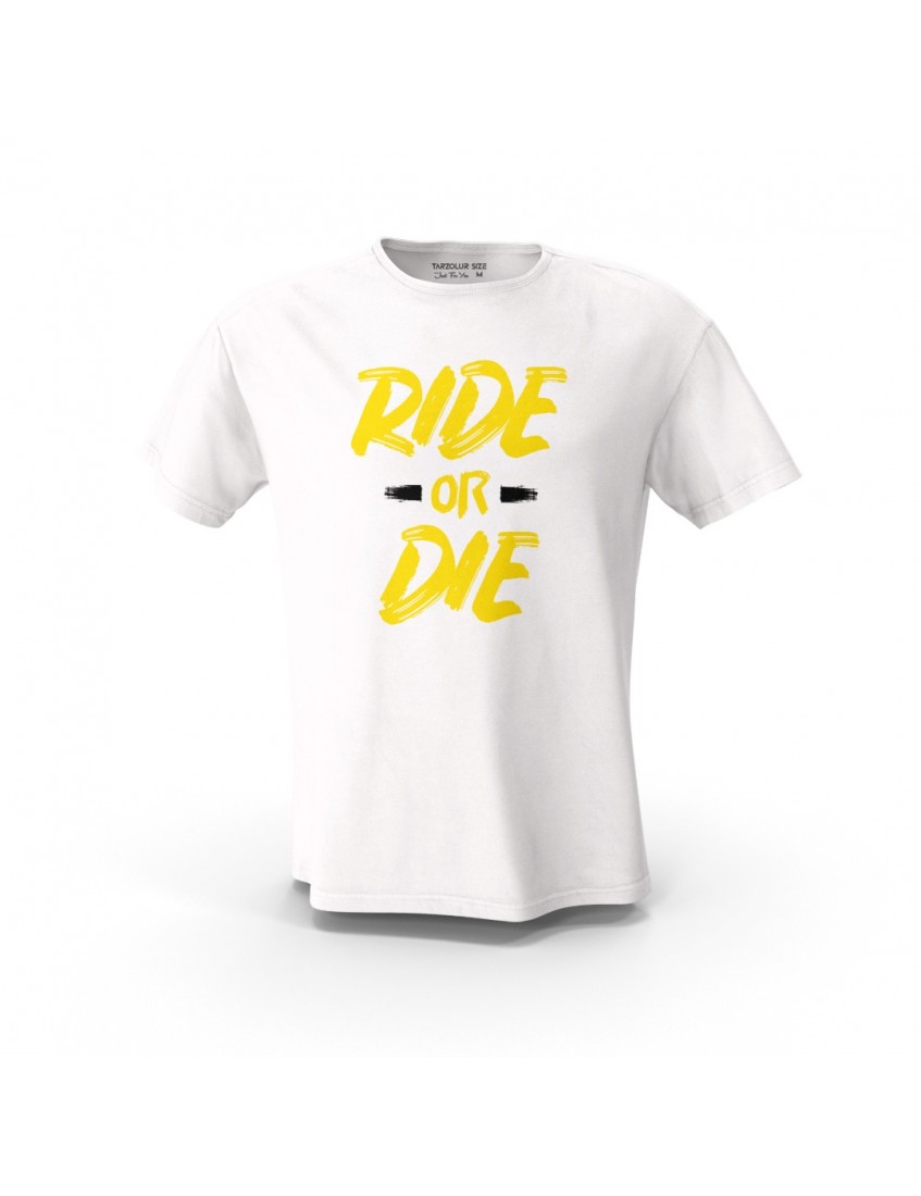 Beyaz Ride Or Die Sarı Yazı Tasarım Baskılı Unisex Pamuk Tişört