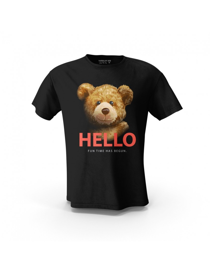 Siyah Hello Teedy Bear Fun Time Tasarım Baskılı Unisex Pamuk Tişört