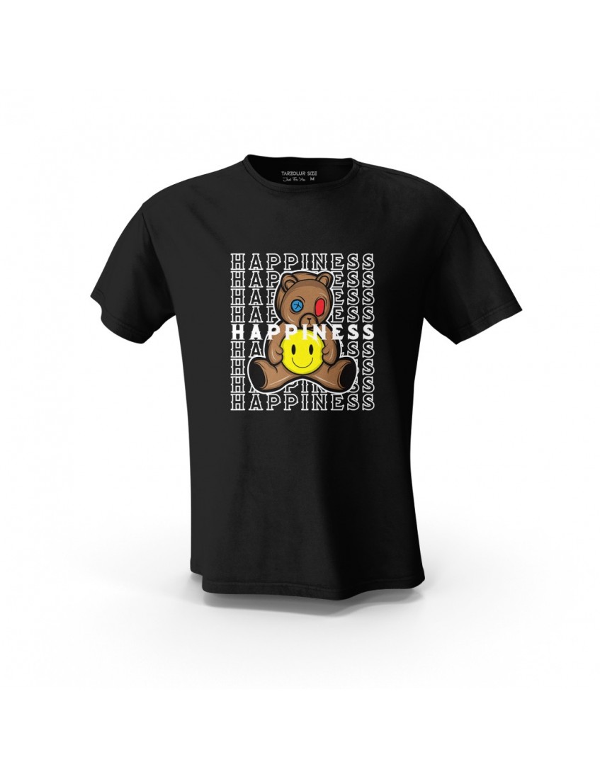 Siyah Happiness Teddy Bear YX Tasarım Baskılı Unisex Pamuk Tişört