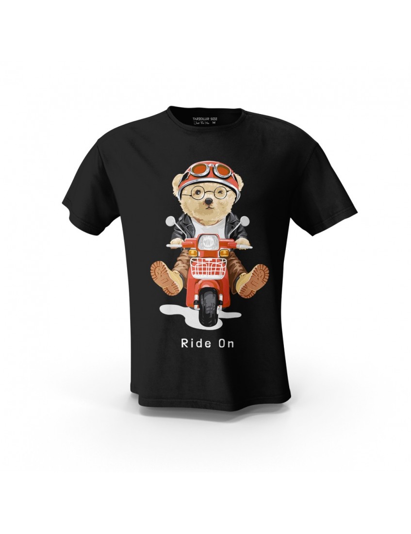 Siyah Ride On Teddy Bear Tasarım Baskılı Unisex Pamuk Tişört Siyah Ride On Teddy Bear Tasarım Baskılı Unisex Pamuk Tişört