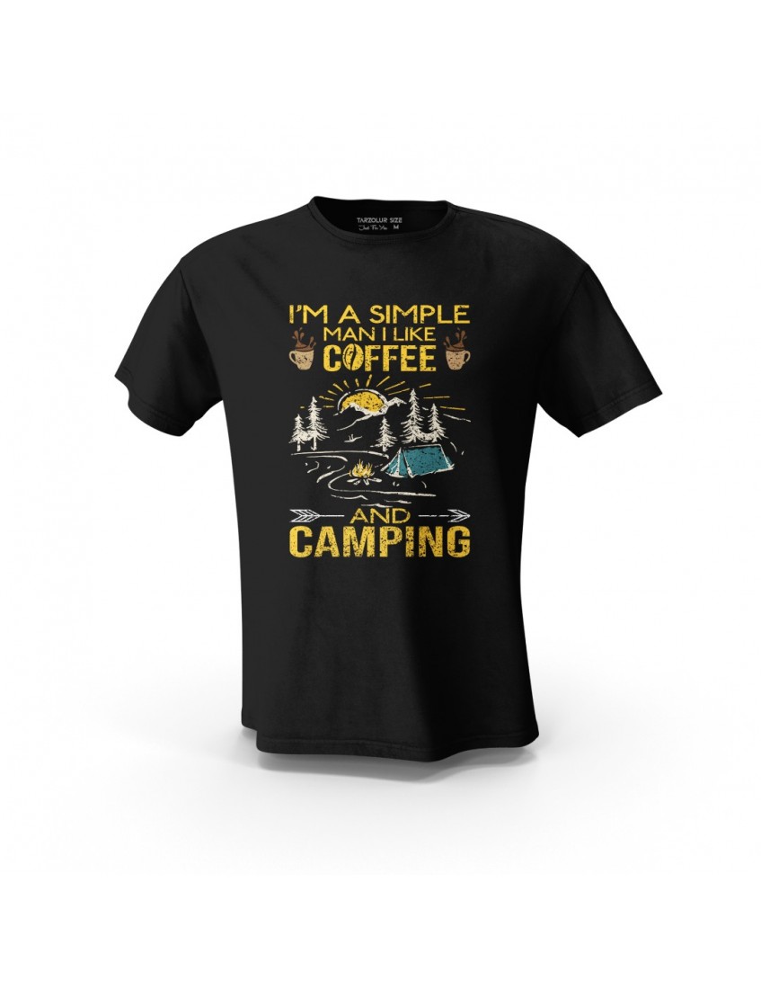 Siyah Im Simple Coffee And Camping Tasarım Baskılı Unisex Pamuk Tişört
